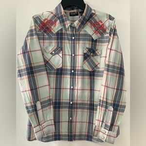 Wrangler Blue and Red Plaid Shirt with Lobster Embroidery